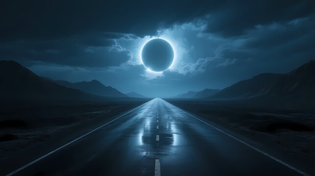 Car driving under eerie solar eclipse
