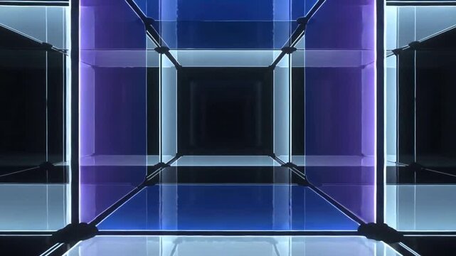 Advancing camera exposing central glass cube tunnel in void, highlighting purple blue reflections