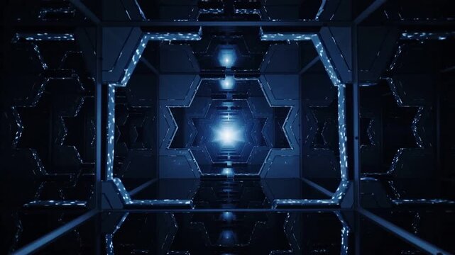 Brightening six-pointed star expanding in mirrored chamber, revealing metallic frame and lens flare
