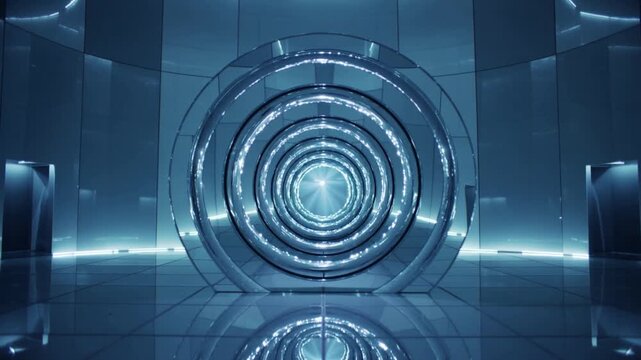 Powering metal portal from core, forming inner rings and lens flare on floor in futuristic chamber