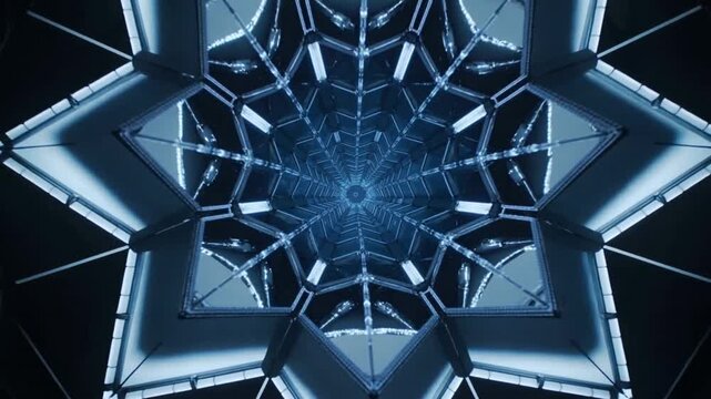 Dollying camera revealing central star fixture in reflective chamber, revealing kaleidoscopic core