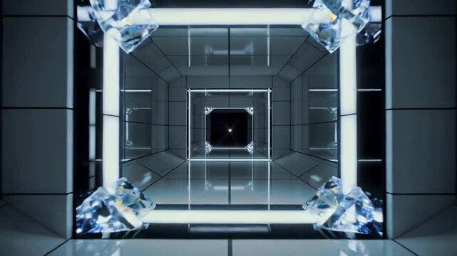 Starting camera moving into center lit square prism with crystals in mirror tunnel, showing rainbow