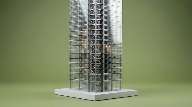 Modern glass skyscraper towering in urban green space.
