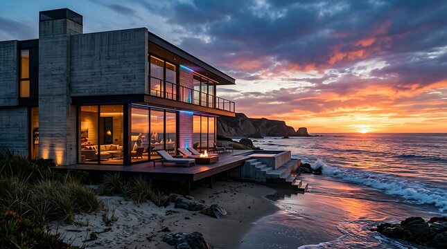 Modern industrial warehouse with warm sunset lighting exterior.