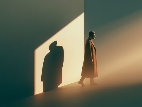 Human shadow acting independently in opposite direction, surreal psychology concept, cinematic lighting, ultra realistic style. 
