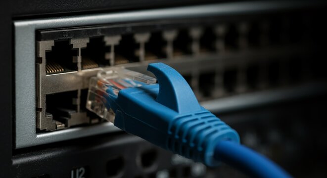 Extreme macro photography close up side profile unplugged blue ethernet.