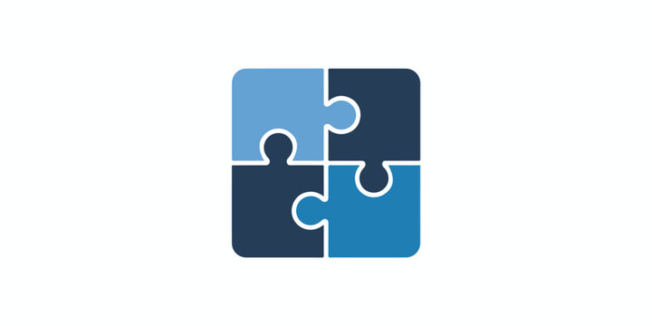 Four Interlocking Blue Puzzle Pieces Forming a Square - Teamwork and Solution Concept