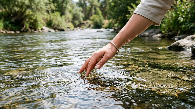 Close Up of Person Hand Touching Clear Running Water of a Mountain River in Nature