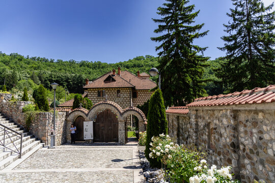 Serbia Valjevo 27.05.2026 Stone Monastery Courtyard Gate Under Clear Sky