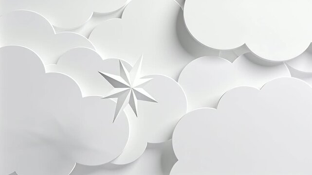 Rotating 8-point star drifting down-left over papercraft set, frame advance revealing cloud layers