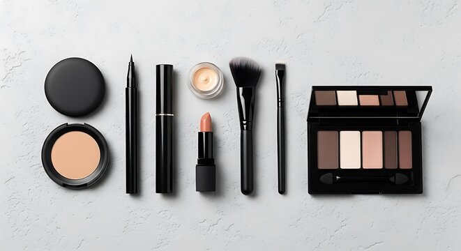 Collection of makeup products including powder, eyeliner, lipstick, brushes, and an eyeshadow palette on a light gray textured background