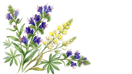 Obraz premium Vibrant watercolor illustration of purple and yellow wildflowers isolated on transparent background with delicate green leaves