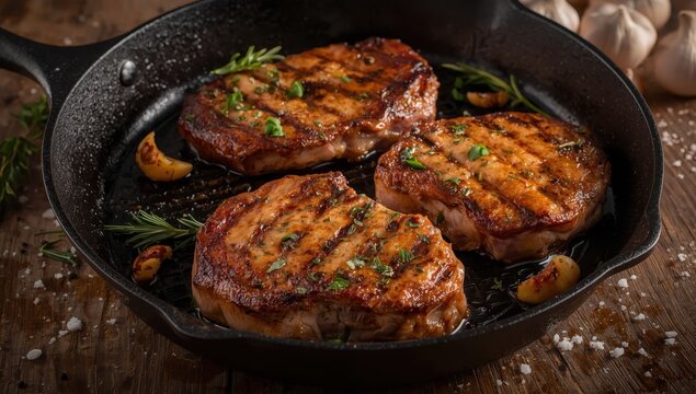 Pan-seared pork chops with garlic, herbs, and seasonings.