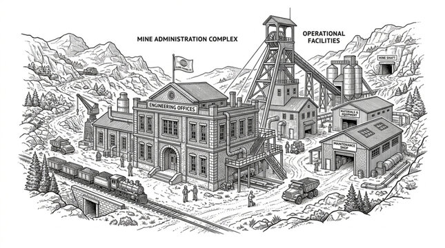 Vintage illustration of a historic mining operation with a train.