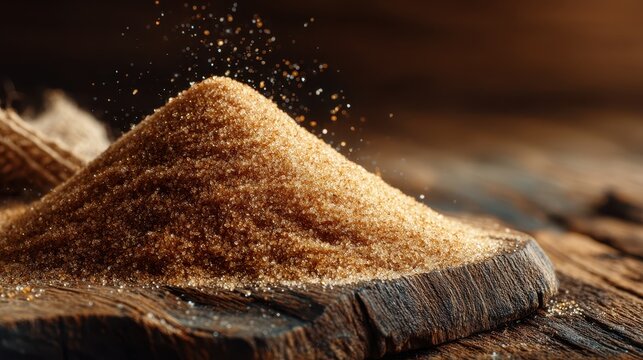Close-up of a mound of golden brown sugar pou onto rustic wooden surface with warm lighting and textured background
