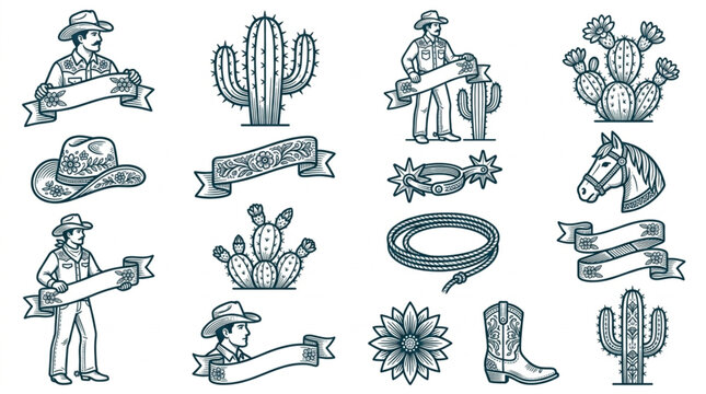 Western Cowboy and Cactus Line Art Illustration Set.