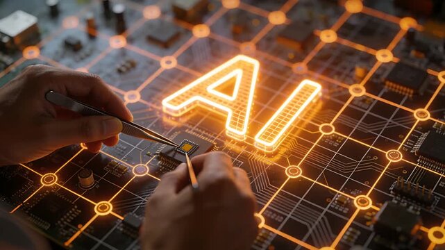Aligning tech hands, tweezers starting placement, probe guiding chip on PCB bench for AI module