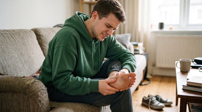 Input ingredient 0Young man sitting on a sofa at home holding his painful foot and grimacing
