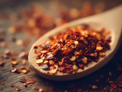 Close-up of a wooden spoon filled with crushed red chili flakes and seasoning for cooking or flavo food