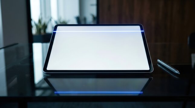 White blank screen tablet with stylus on glass table. Modern sleek device for digital mock up design. Electronic tool for business communication, creative work and office technology.