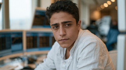 Fototapeta premium Forex currency pairs scrolling across a curved monitor array in a vibrant Beirut trading office, a young Lebanese analyst leaning forward, rain hitting the tall windows,