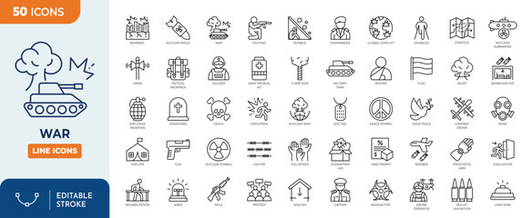 War line editable icon set. Contain icons related to War, military, Conflict, Soldier, weapon, artillery, and more. Editable stroke. Vector illustration © Cetacons