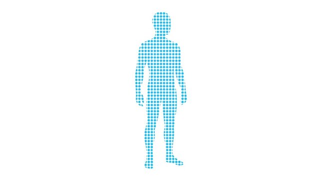 Man silhouette made of blue dots. Digital human body shape created from halftone circles. Technology science illustration for medical data, biology, genetics and anatomy concept.