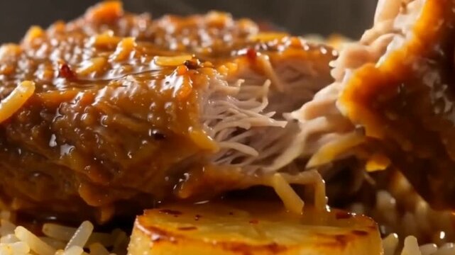 Extreme close-up of tender pulled pork steak or juicy meat cutlet served with rice.
