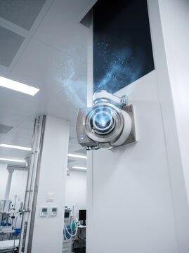 Futuristic wall mounted medical scanner in hospital room with holographic light effect. Advanced diagnostic imaging technology. High precision electronic device for clinical research.