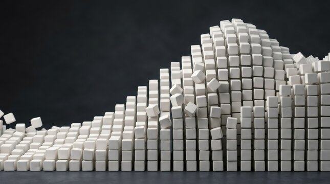 White cubic blocks arranged in a rising wave formation on a dark background. Abstract 3D composition representing data growth, structured network, and digital modular architecture design.