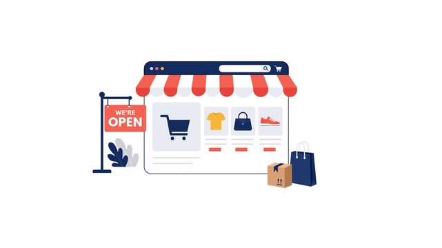 Flat 2D vector animation of a Online Store Open Ecommerce Website with Shopping Interface Alpha Channel Motion Graphics for Retail Business Launch