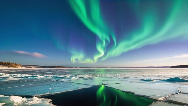 Dancing aurora borealis shifting above frozen lake, open lead mirroring lights, cracked ice edging
