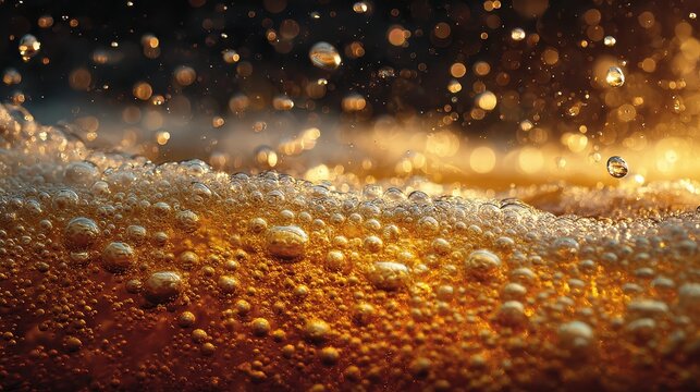 Close-up view of fizzy carbonated soda with bubbles and golden amber liquid under warm light