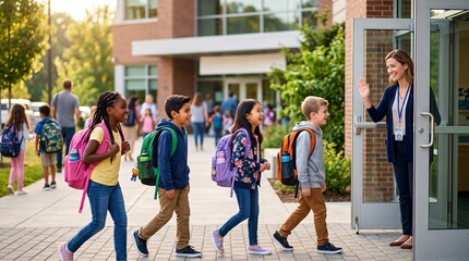 Fototapeta premium Elementary school students walking into school as teacher welcomes them on first day.