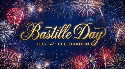 Bastille Day July 14th celebration elegant banner template with bautiful multicolored fireworks on dark blue night sky background
