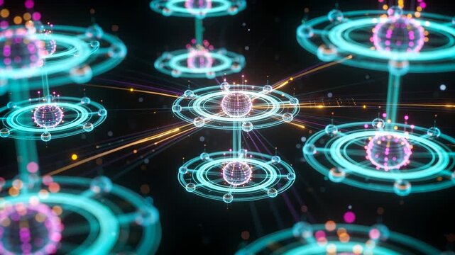Zooming camera closing on stacked wire spheres in dark void, rings pulsing, emphasizing node