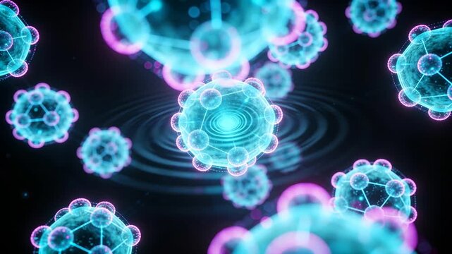 Glowing clear cyan sphere moving in dark fluid as ripples expanding beneath, showing lattice spikes