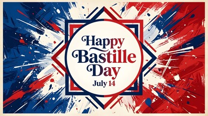 Happy Bastille Day banner template with abstract dynamic red blue brush strokes splatter background and geometric badge for July 14 France National Day