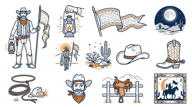 Western cowboy and rodeo themed vector illustrations set.