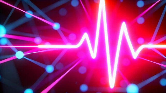 Pulsing from start neon ECG waveform signaling surge in virtual mesh with cyan nodes, magenta lines