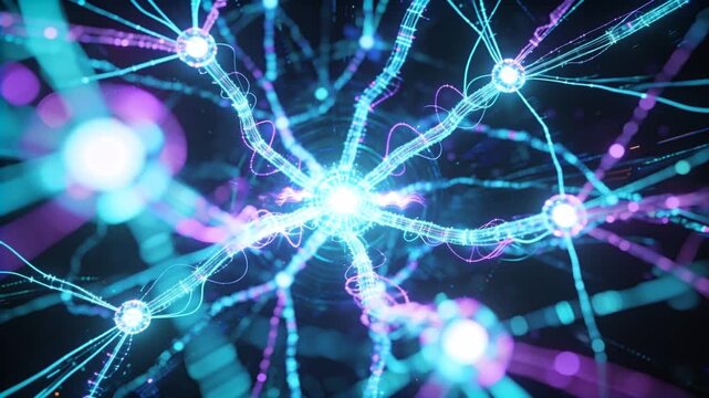 Pulsing central cyan node sending beaded lights along filaments in deep-space void, purple waveform