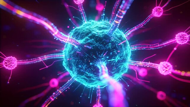 Camera approaching, teal-blue core pulsing and lighting filaments, showing nodes and revealing core