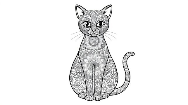 Decorative sitting cat illustration with intricate pattern design isolated on white background