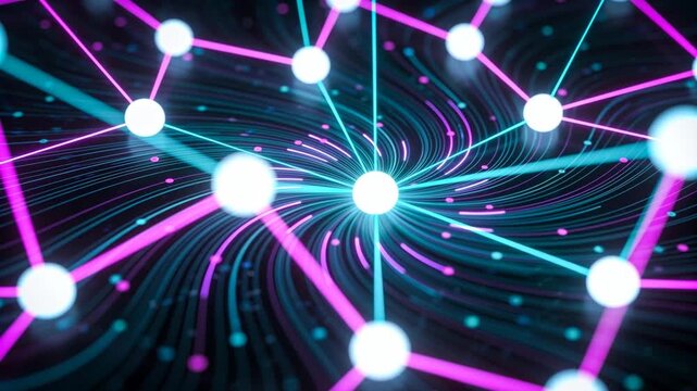 Emitting central white node pulling cyan trails toward hub in dark 3D space, magenta rods
