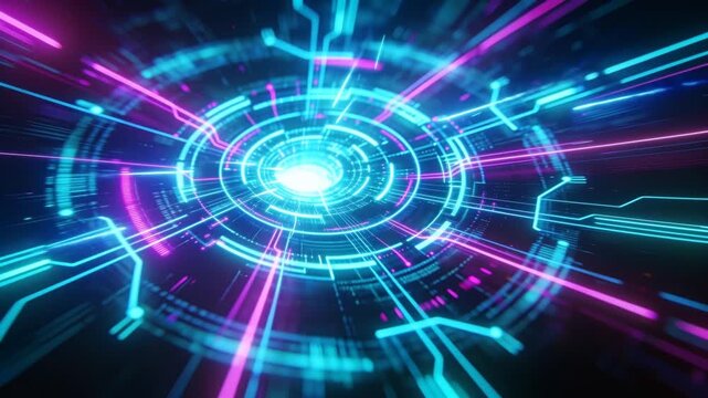 Pulsing glowing core powering concentric rings in virtual node, sending magenta beams, light dashes