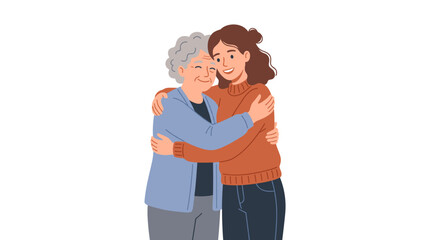 Fototapeta premium Young woman hugging her elderly grandmother with affection and joy on a white background