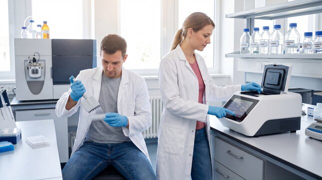 Two scientists in casual lab coats using generic PCR thermal cycler and multi-channel pipette in research laboratory