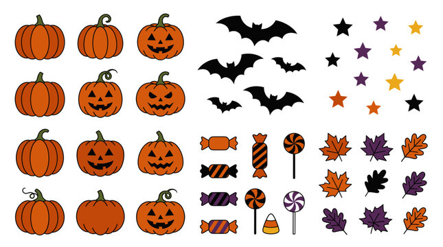 Halloween Icons Collection Featuring Pumpkins Bats Candies Stars and Autumn Leaves