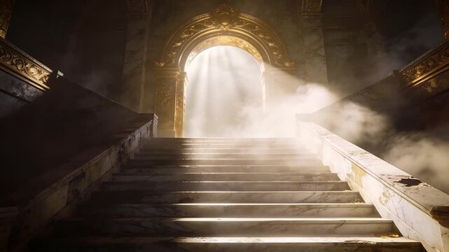 Streaming sunlight through gold arch in hall, mist spilling down marble steps, lighting treads