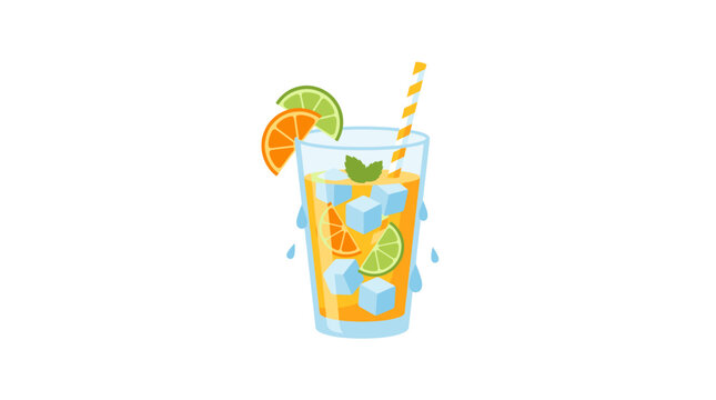 Refreshing orange and lime juice with ice cubes and mint leaves in a tall glass with a straw
